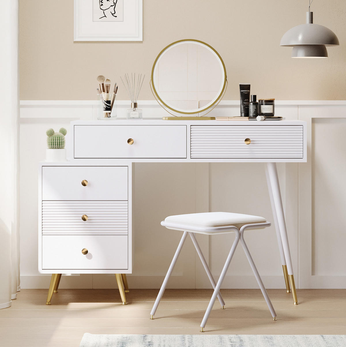 SCHMINKTISCH 100/40/78 cm in Weiß mit LED-Beleuchtung und flexiblem Seitenschrank - Weiß, Holzwerkstoff (40/78.5/100cm) - Flora Grace
