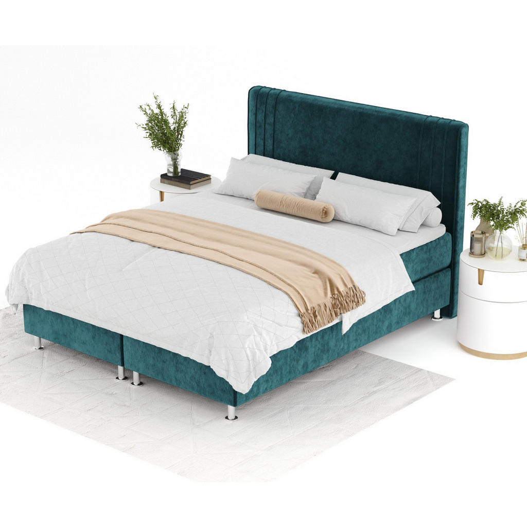 Thumbnail - Maison de Reve Boxspringbett, Türkis, Textil, Buche, Kiefer, H3, Höhe ca. 21 cm, 200x200 cm, Oeko-Tex® Standard 100, FSC...