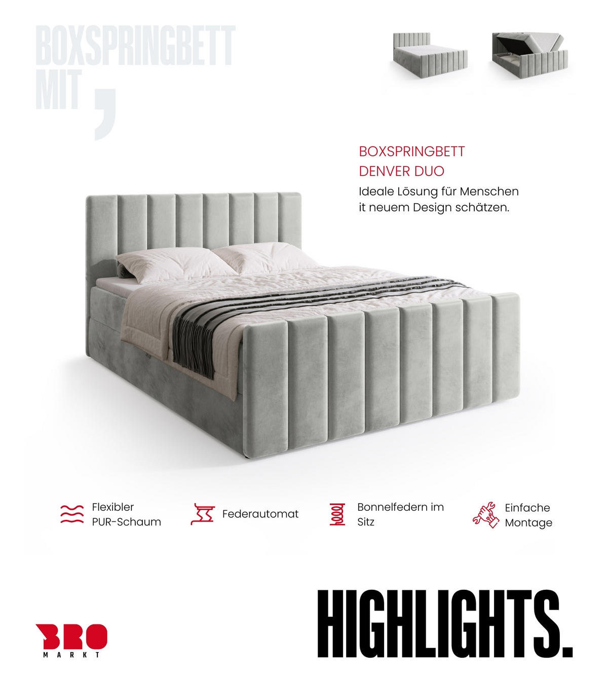 BOXBETT Denver DUO mit Topper 160x200 Grau - Hellgrau, Textil (160/200cm) - Bromarkt
