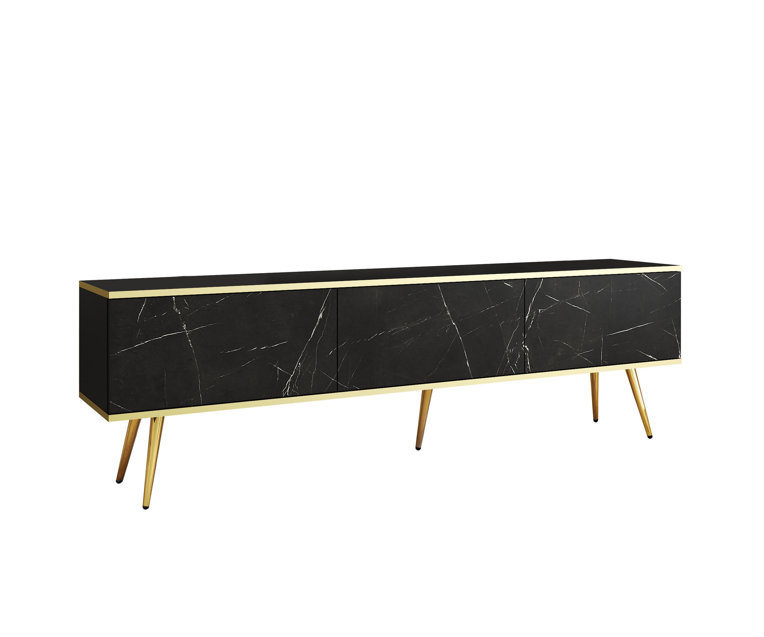 TV-SCHRANK, schwarz mit goldenen Beinen, 175 x 32 x 53 cm, zum Öffnen durch Drücken - Goldfarben/Schwarz, Holzwerkstoff/Metall (175/53/32cm) - 3XE LIVING