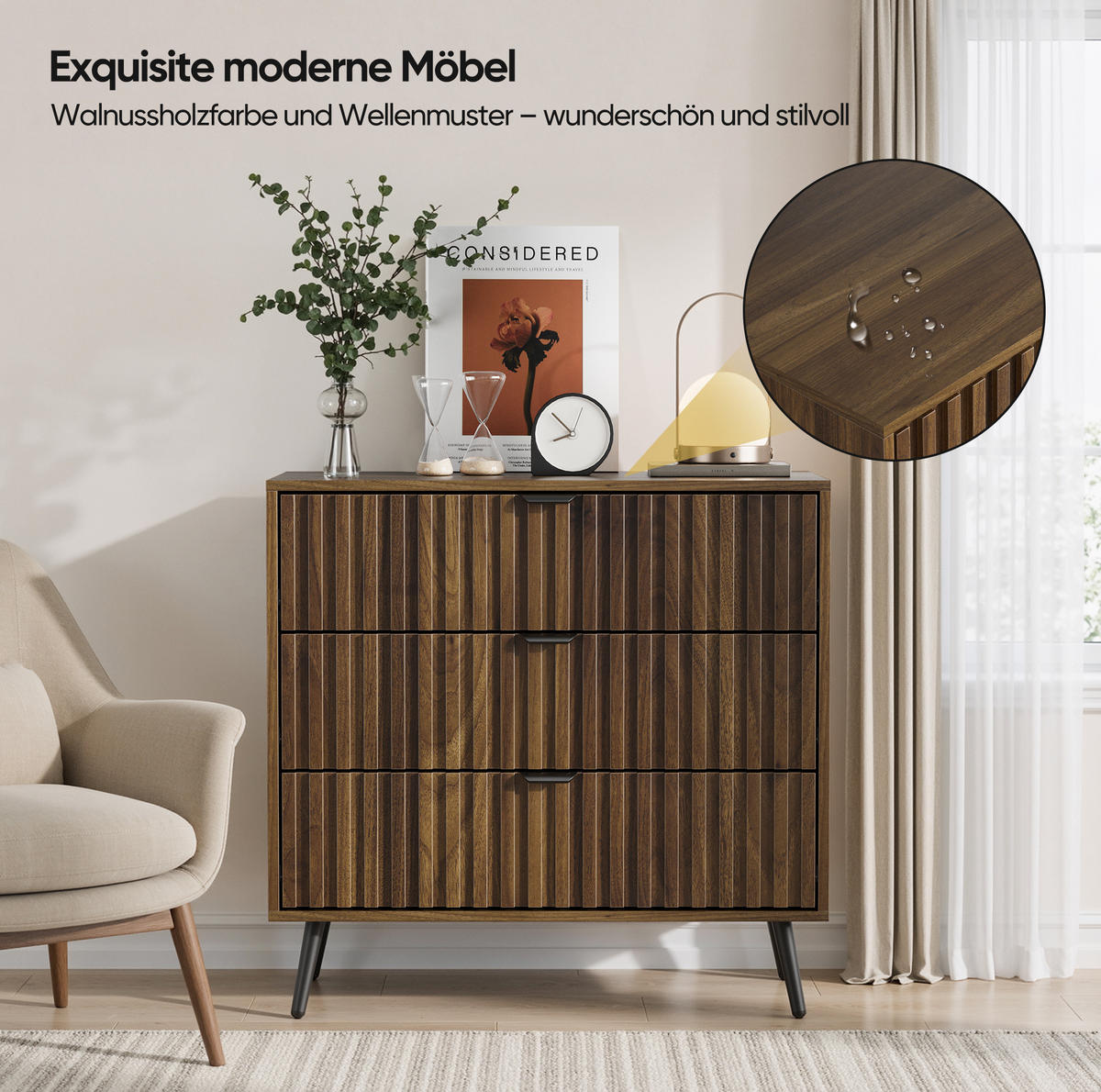 KOMMODE aus MDF 80x39x78 cm Walnussfarben mit 3 Schubladen und Metallbeinen - Walnussfarben, Holzwerkstoff (80/78/38cm) - IVMEU