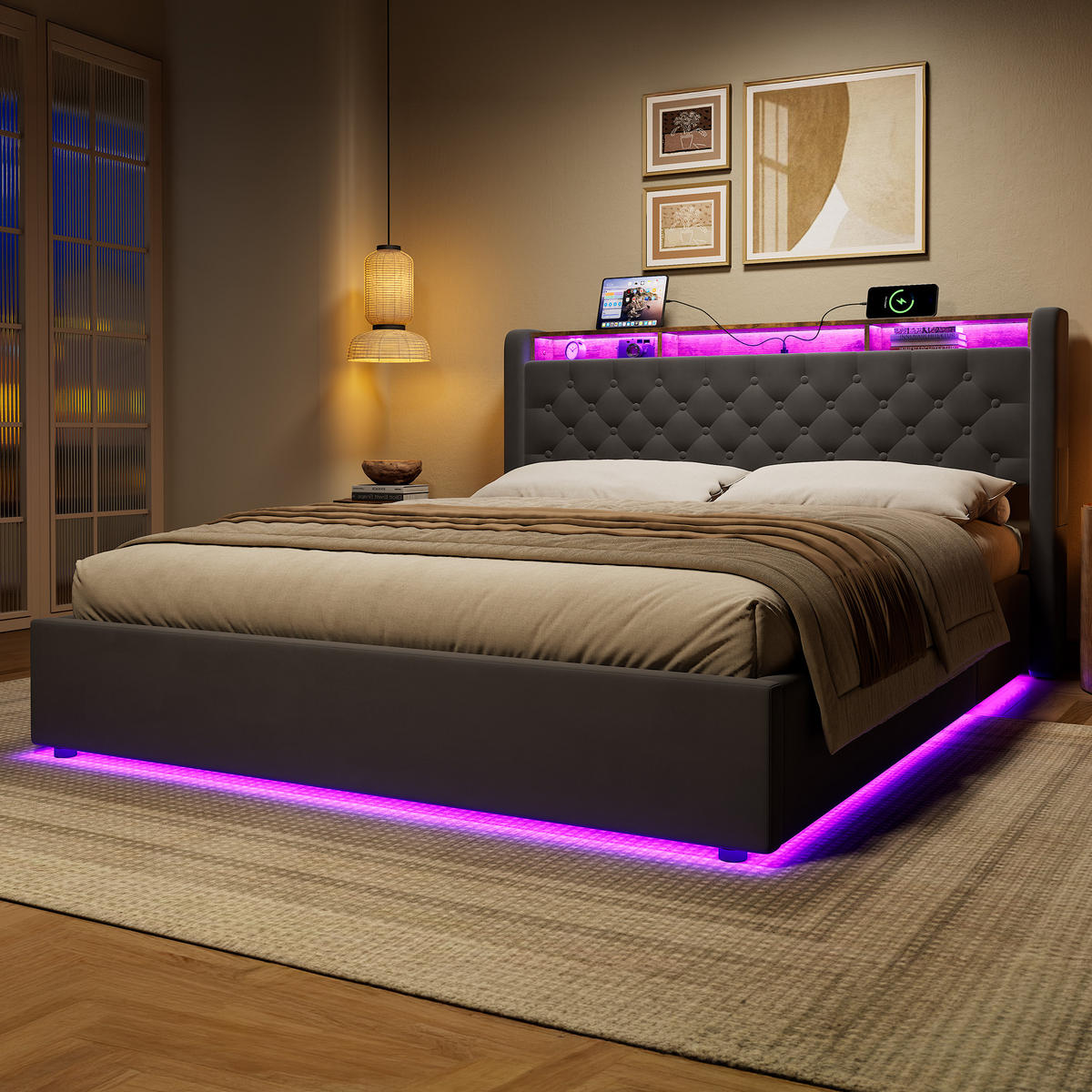 POLSTERBETT 160/200 mit Matratze und Bettkasten und Stauraumbett mit Schubladen und LED Funktionbett in Grau - Grau, Holzwerkstoff/Textil (160/200cm) - STILVORA