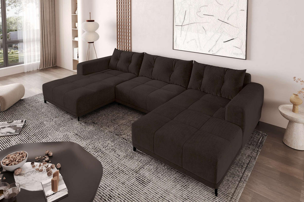 WOHNLANDSCHAFT Massimo Cordstoff Braun inkl. Schlaffunktion - Schwarz/Braun, Textil/Metall (356/94/181cm) - 99rooms