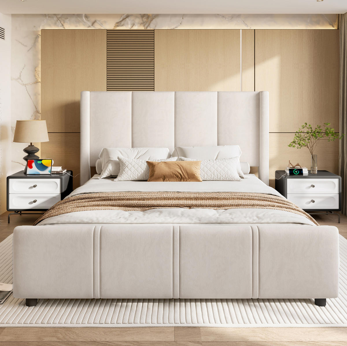 POLSTERBETT 140/200 cm aus Samt mit USB-Anschlüssen und hohem Kopfteil Beige - Beige, Textil (140/200cm) - Modenvie