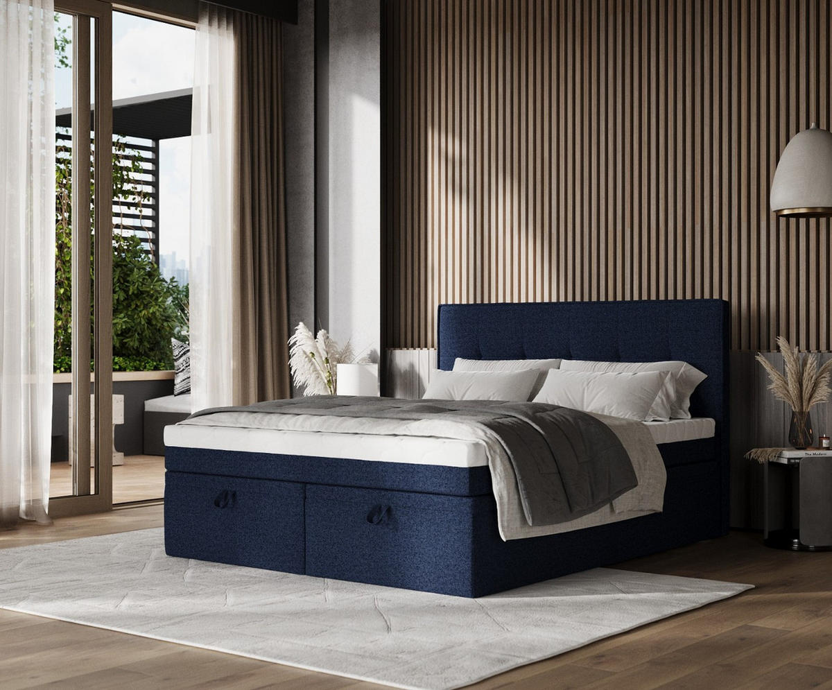 BOXBETT Arivo 200/200 cm Marineblau im Riva Stoff - Schwarz/Dunkelblau, Holz/Holzwerkstoff (200/200cm) - AltaBeds