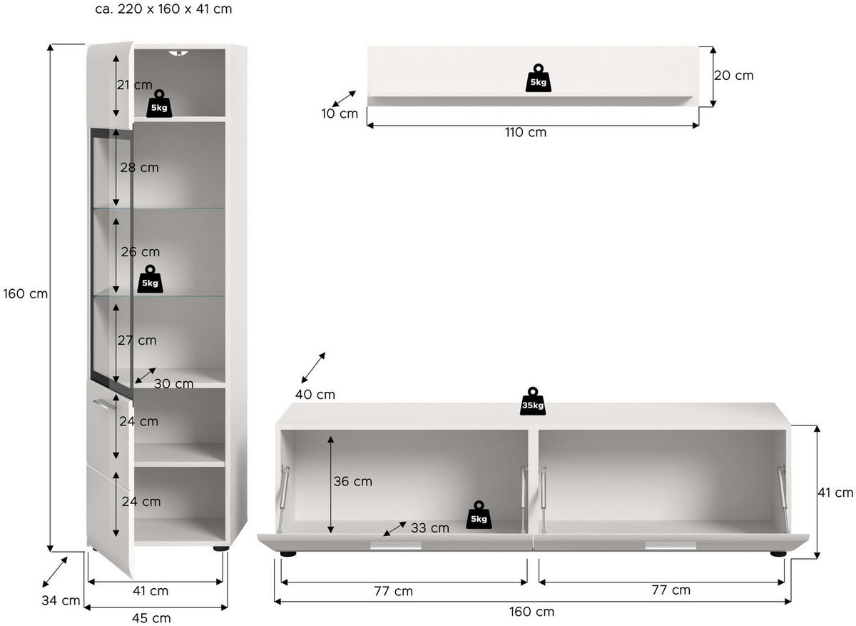 WOHNWAND Ice weiß hochglanz 220/160/41 cm - Weiß, Holzwerkstoff (220/160/41cm) - Xonox