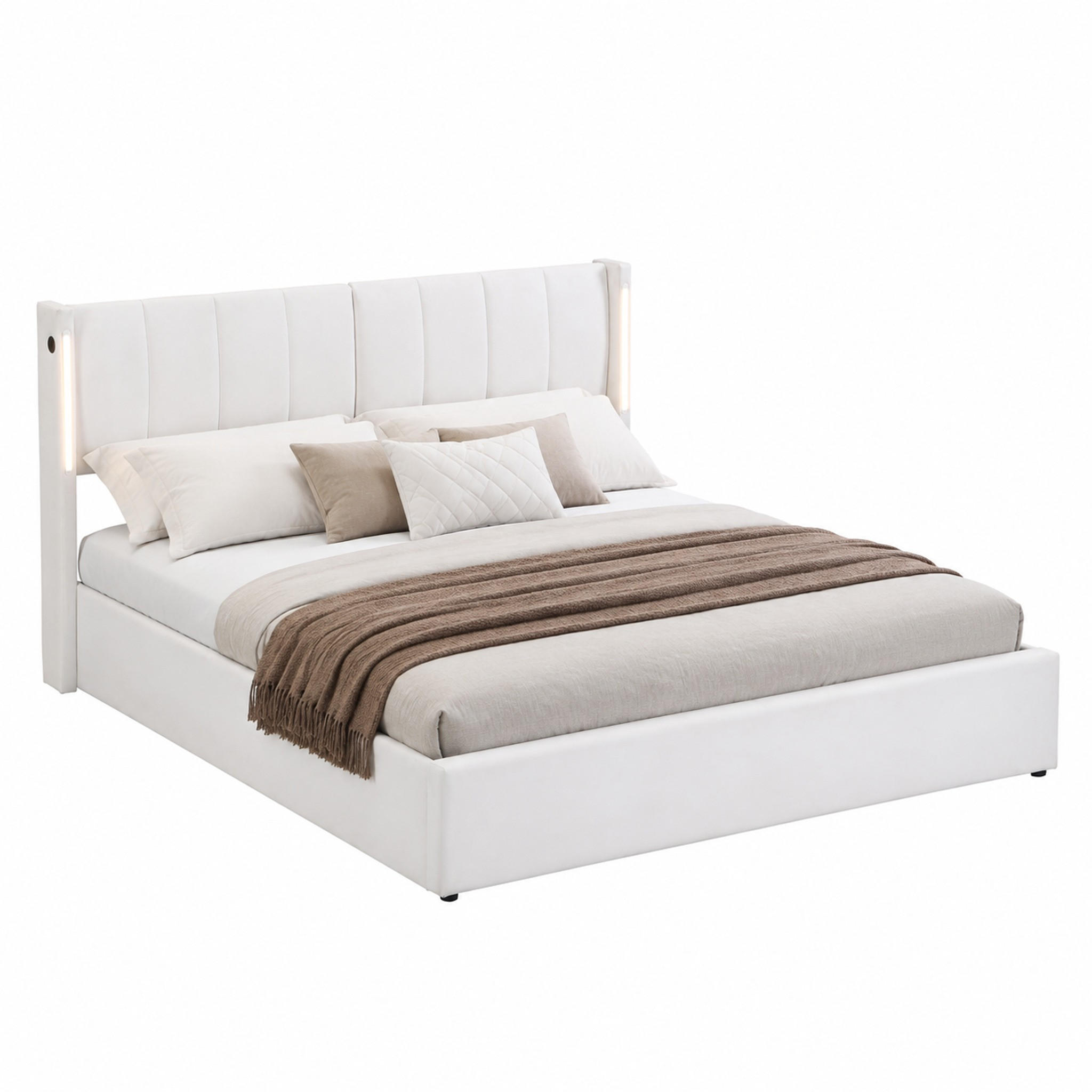 BETT mit Stauraum, LED und USB 140x190 cm PU Weiß - Weiß, Metall (140/190cm) - Meubliv