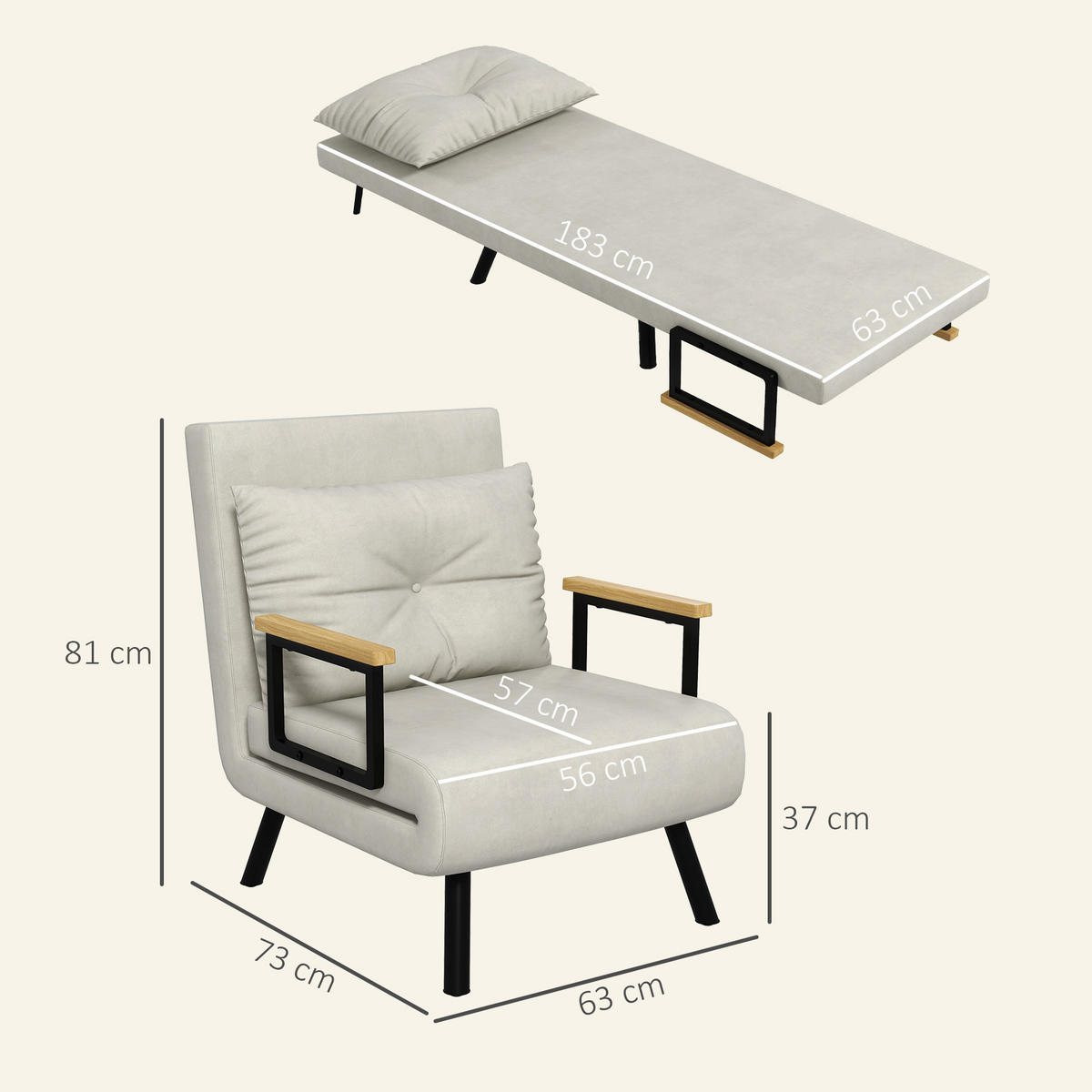SCHLAFSESSEL, Einzelsofa mit Bettfunktion, Relaxsessel mit Rückenkissen Creme - Creme/Schwarz, Holz/Textil (63/81/73cm) - HOMCOM