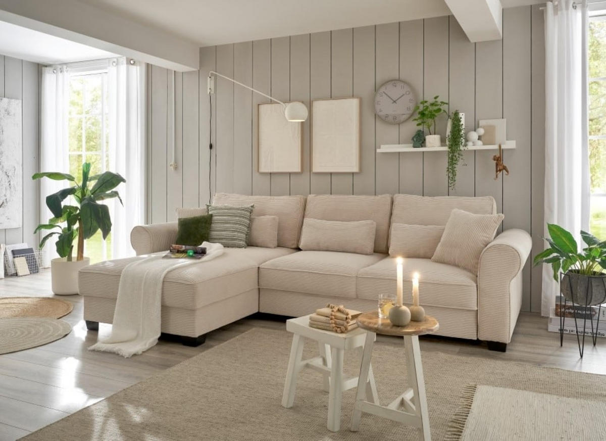 ECKSOFA beidseitig montierbar, Schlaffunktion mit Bettkasten und Nosagfederung in Breitcord - Beige/Schwarz, Textil (318/197cm) - ed exciting design