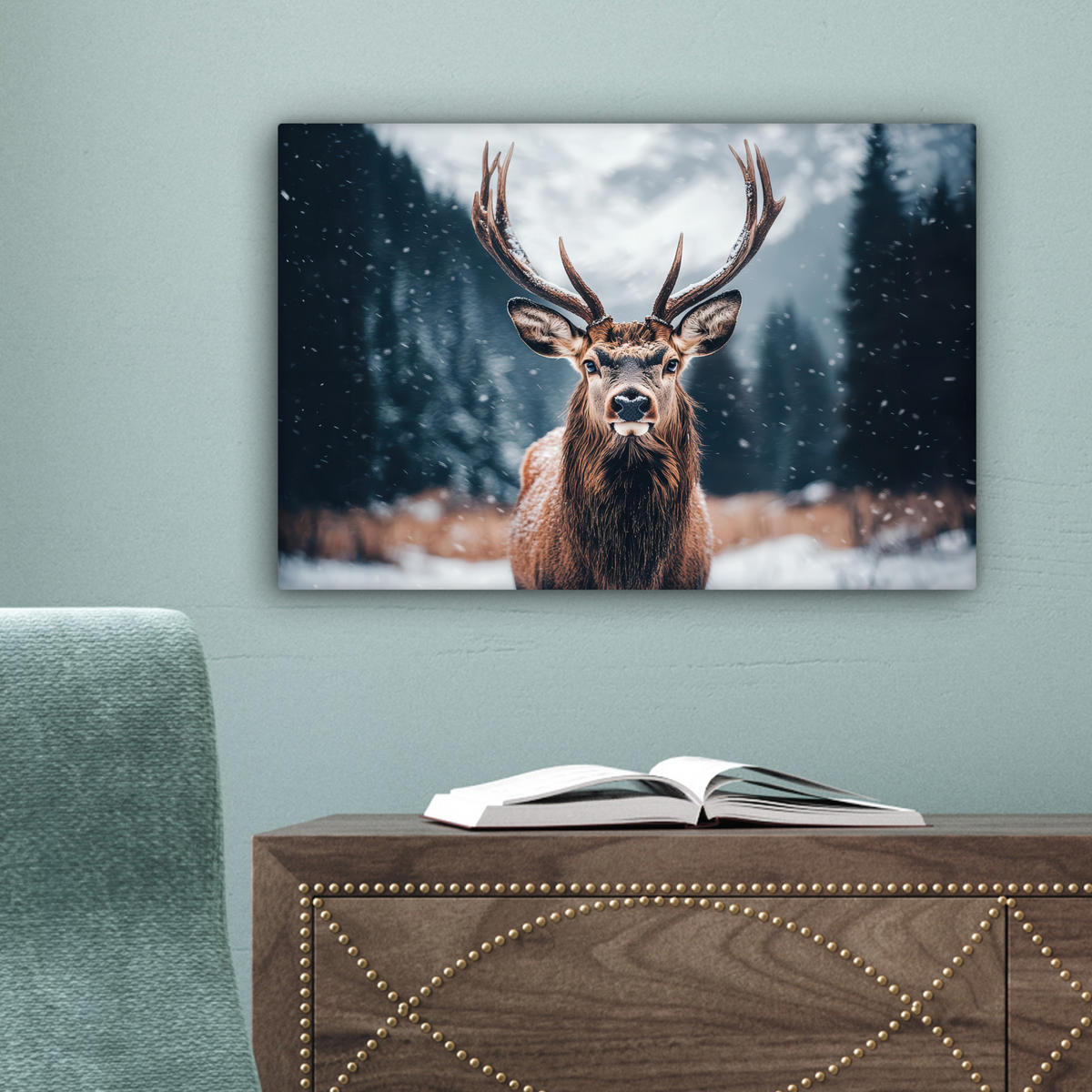LEINWANDBILD Hirsche - Tiere - Landschaft - Winter - Schnee 30x20 cm - Kastanienfarben, Textil (30/20cm) - MuchoWow