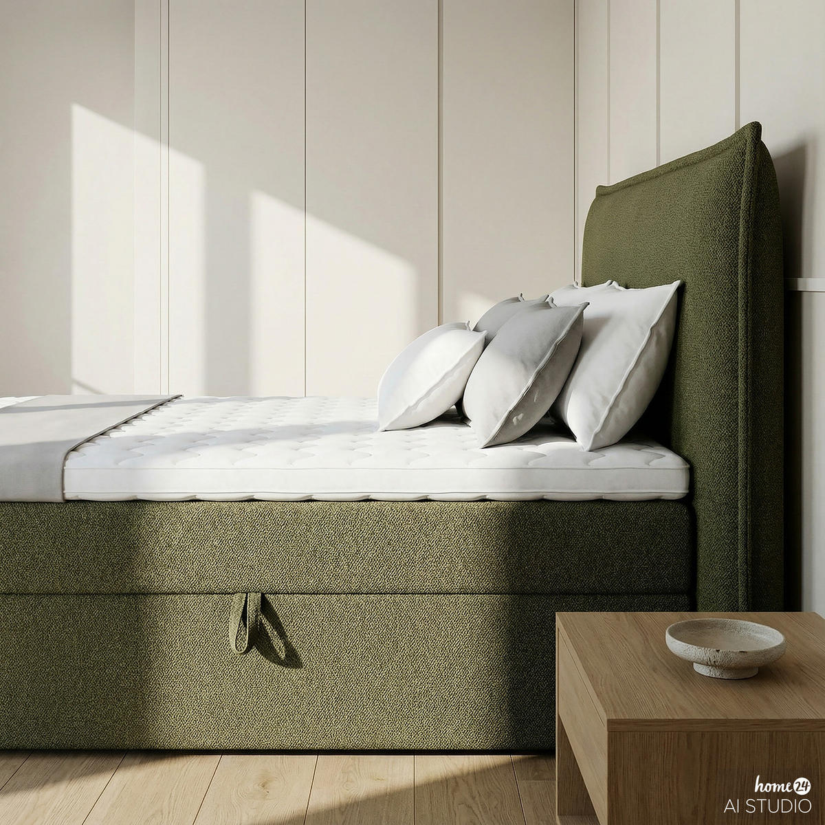 BOXBETT mit Stauraum - Bouclé - Olivgrün, Holzwerkstoff/Textil (120/200cm) - home24