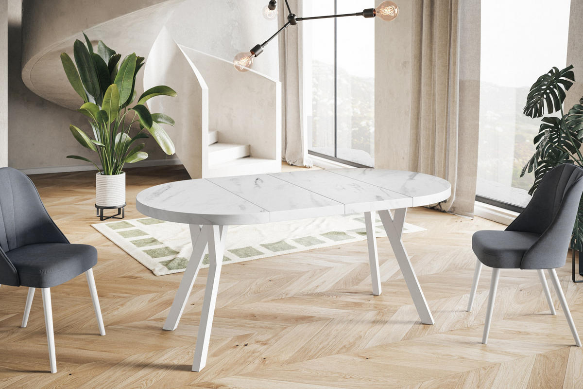 ESSZIMMERTISCH OVO, ausziehbarer Tisch 110 cm bis 210 cm, Farbe: MARMUR, mit Holzbeinen in Farbe Weiß - Hellgrau/Weiß, Holzwerkstoff (110/110/77cm) - Alpi-Möbel