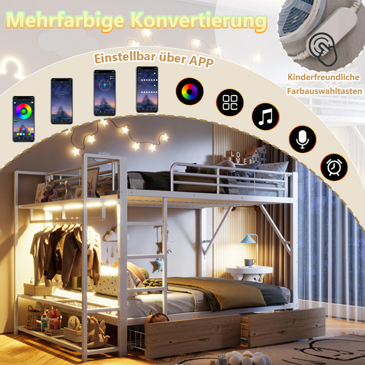 ETAGENBETT 140/200 cm aus Metall mit LED-Lichtleiste, Weiß - Weiß, Metall (140/200cm) - OKMYHOME