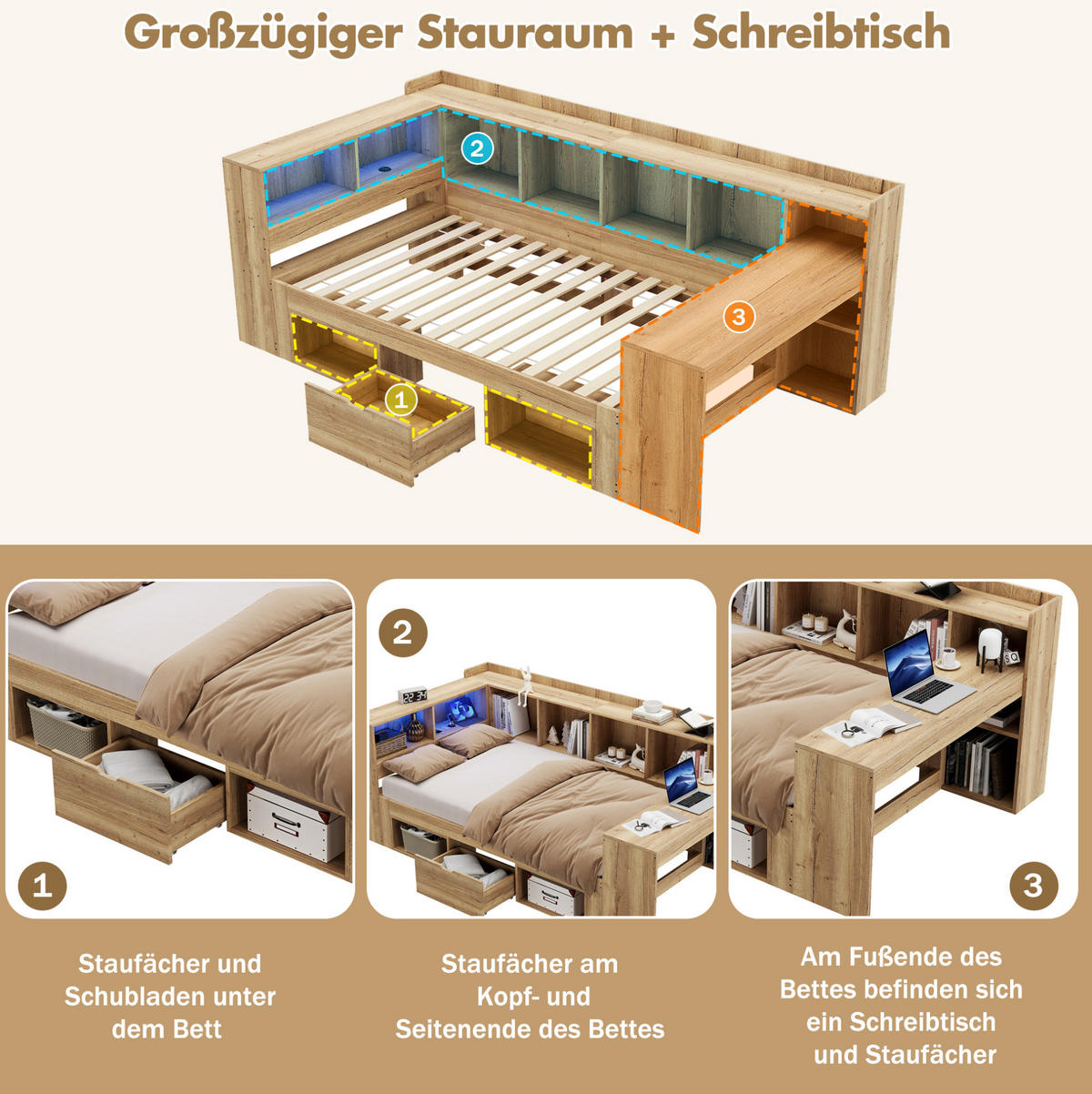 KINDERBETT 90/200 cm mit LED-Beleuchtung, USB- und Type-C-Anschluss, Schreibtisch und Stauraum, Naturfarbe - Naturfarben, Holzwerkstoff (90/200cm) - Redom