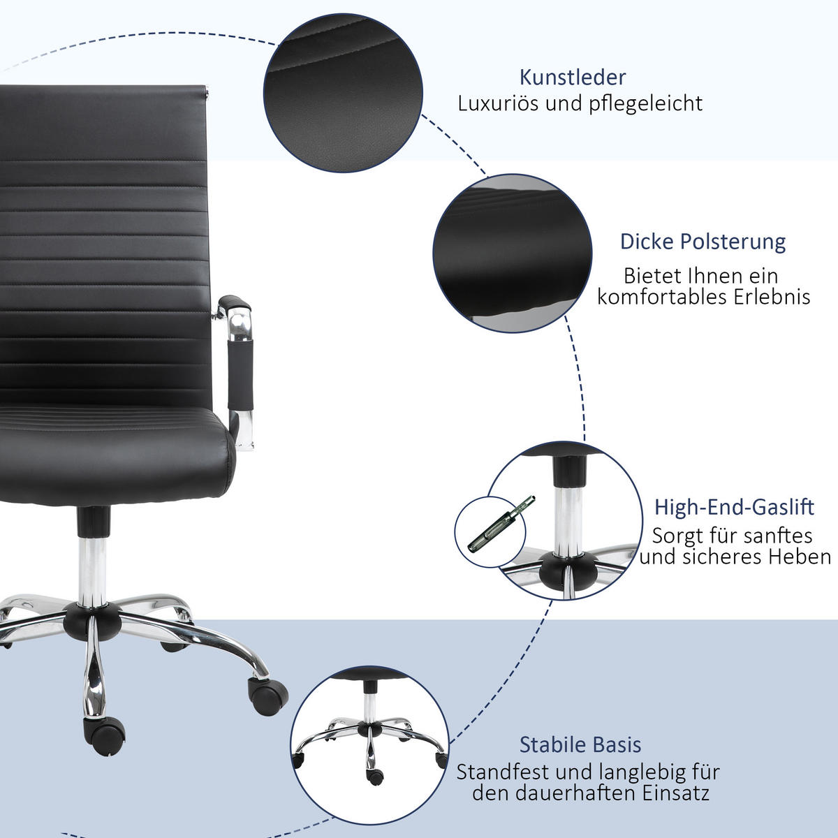 BÜROSTUHL Drehstuhl Chefsessel höhenverstellbar Kunstleder Schaumstoff - Schwarz, Leder (62/114/54cm) - Vinsetto