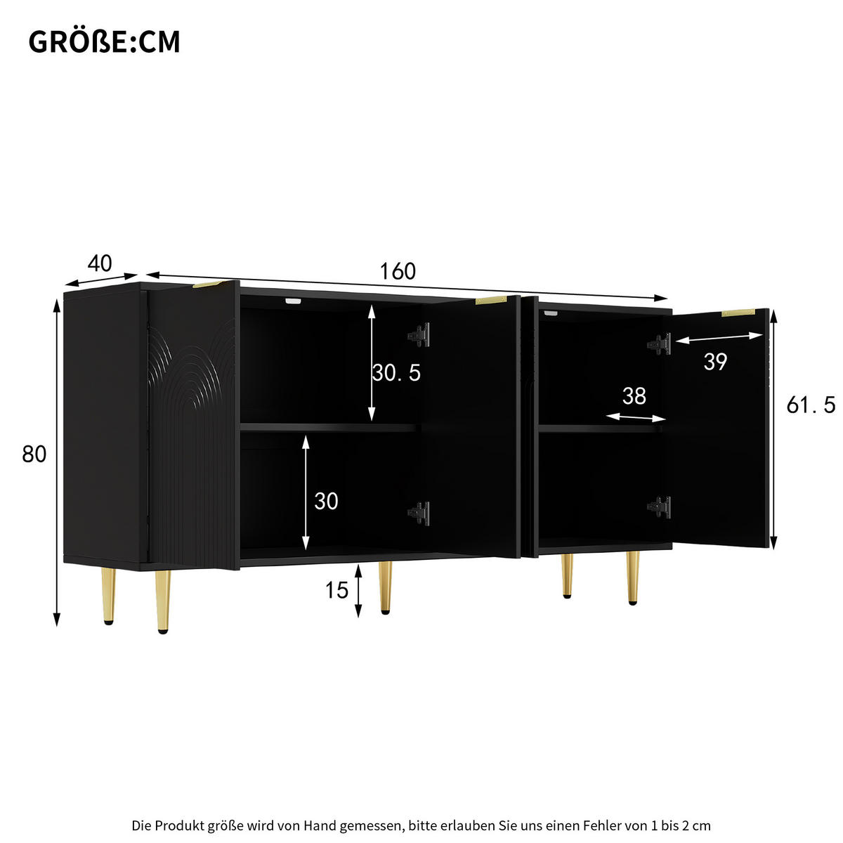 SIDEBOARD 160/40/80 cm mit 4 Türen, Soft-Close und viel Stauraum in Schwarz - Schwarz, Holzwerkstoff (160/80/40cm) - BEAOK