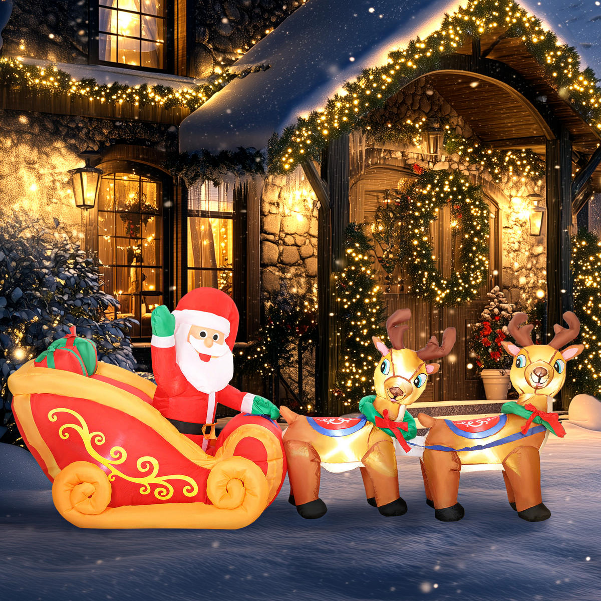 240 cm Aufblasbarer Weihnachtsmann auf Schlitten mit 2 Rentier LED-Lichtern - Rot, Textil (75/100/240cm) - Outsunny