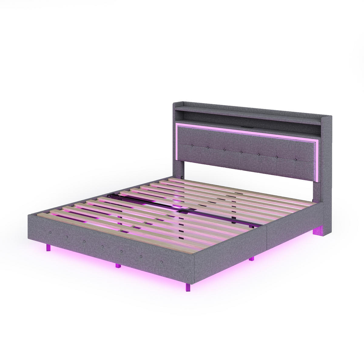 POLSTERBETT 140/200 cm Grau mit USB-Steckdose und LED-Beleuchtung - Grau, Textil (140/200cm) - OKWISH