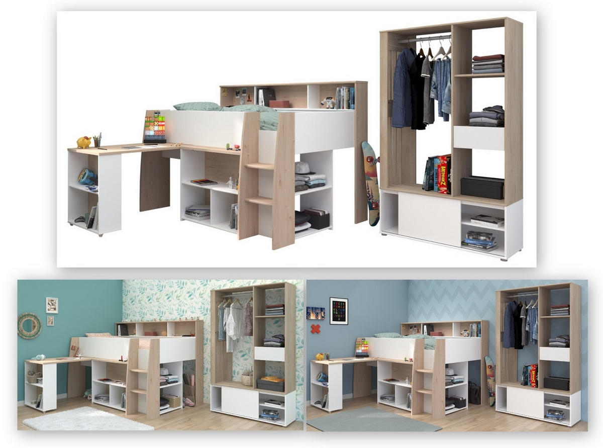 JUGENDZIMMER weiß, Eiche, Komplett-Set 2-teilig mit viel Stauraum - Eichefarben/Silberfarben, Holzwerkstoff/Kunststoff (133/183/209cm) - Parisot Meuble