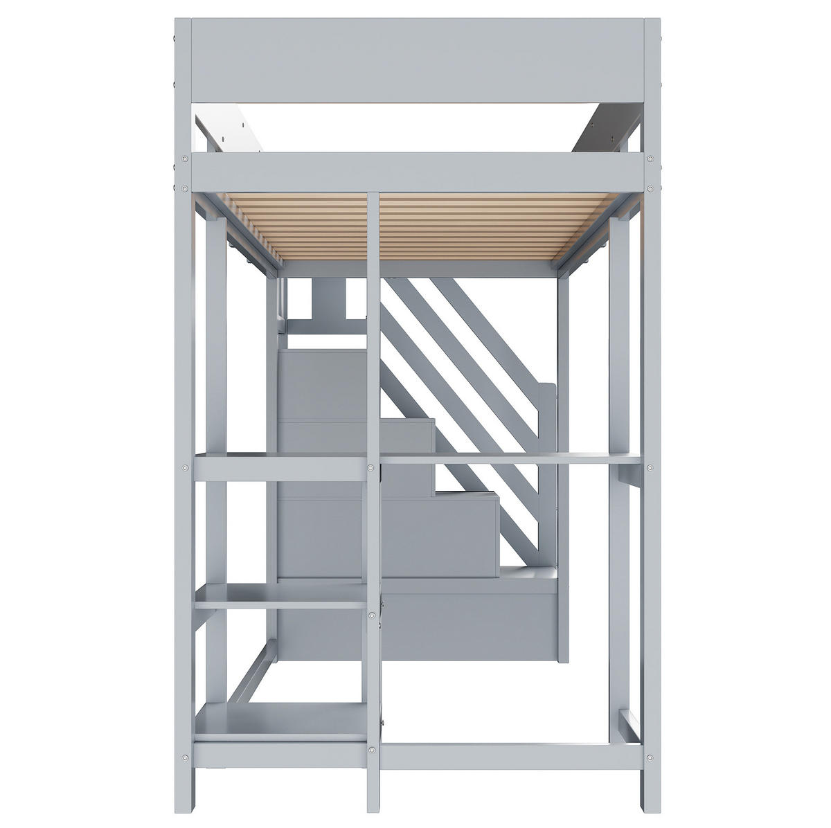 HOCHBETT 90/200 cm mit Stauraumtreppe, Ablageregal und Lattenrost aus Kiefern Holzwerkstoff, Grau - Grau, Holzwerkstoff (90/200cm) - Redom