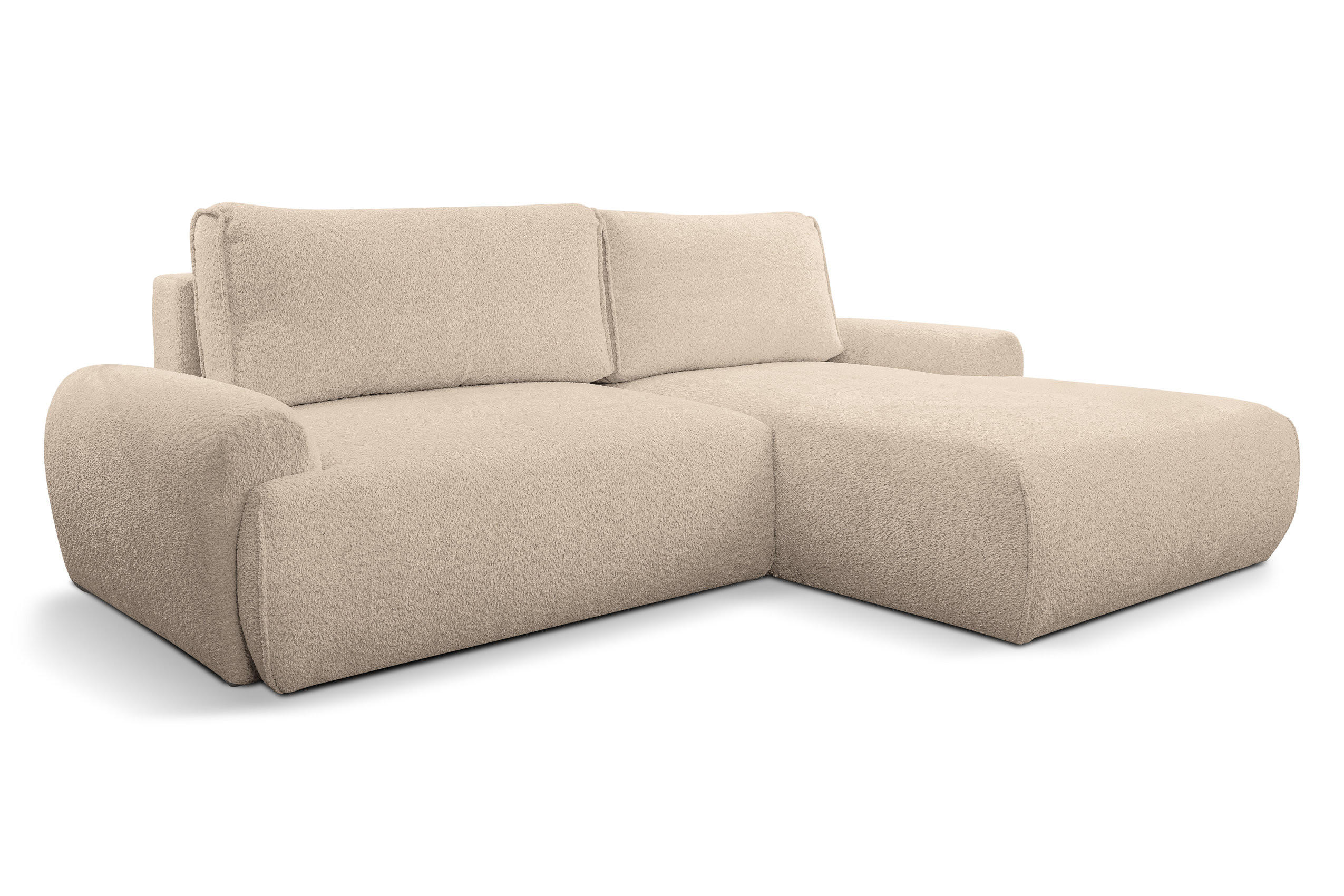 ECKSOFA Moon in L-Form mit Schlaffunktion und Bettkasten, Farbe: Hellbraun, Bouclé-Stoff, Ottomane Rechts - Hellbraun, Textil (260/136cm) - VENASI MÖBEL