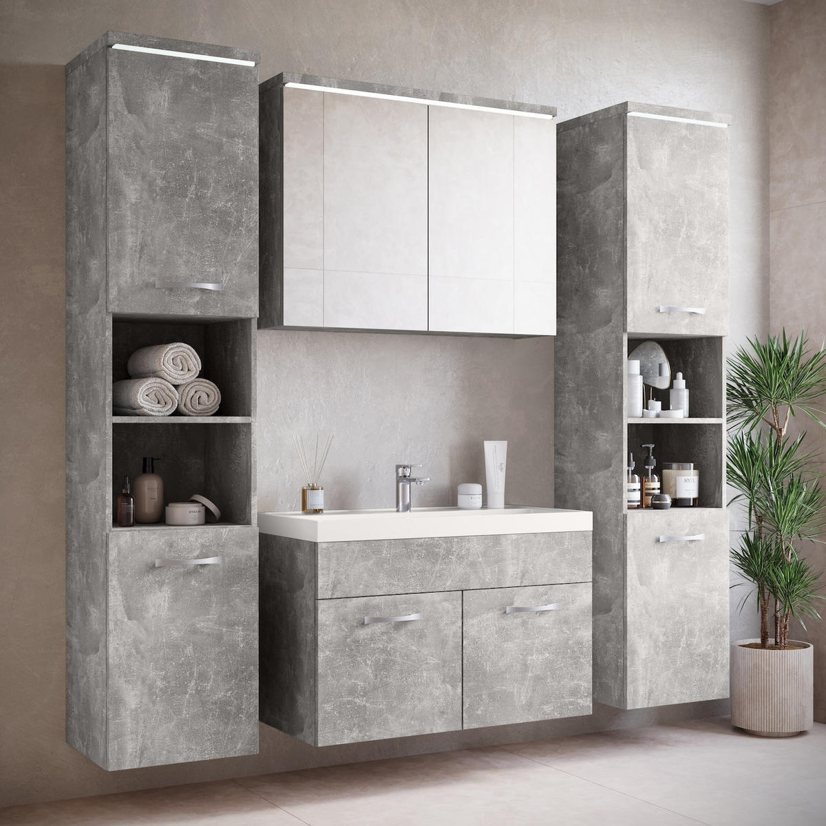 BADEZIMMERSCHRANK Paso mit 2 Türen Beton Grau - 35 x 35 x 160 cm - Grau, Holz (35/160/35cm) - Badplaats