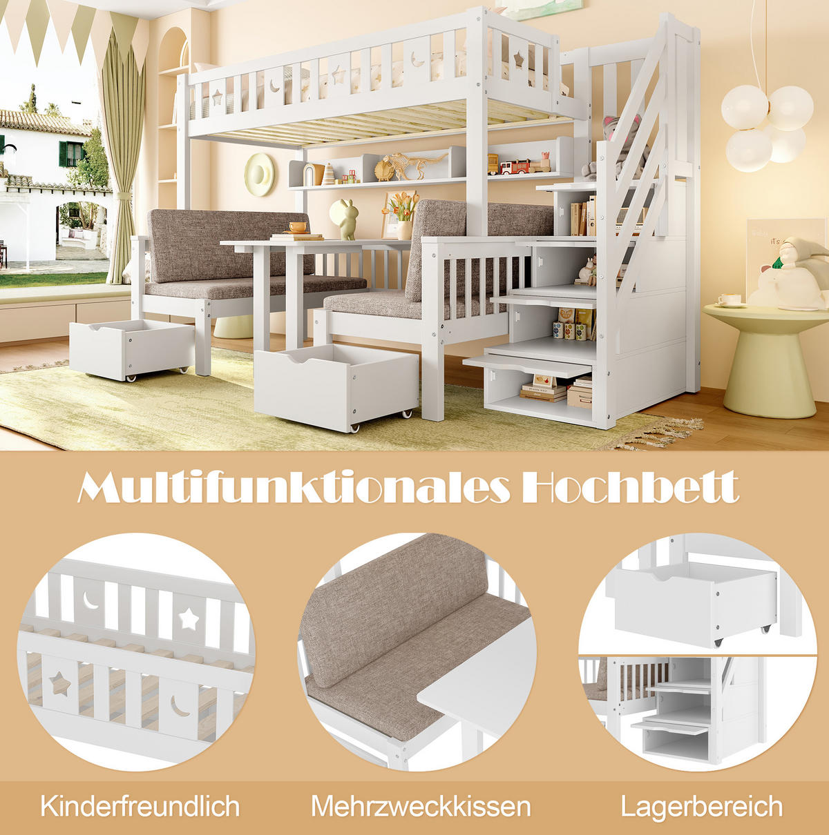 HOCHBETT 90/200 cm in Weiß – mit Klapptisch, Stauraumleiter und Rausfallschutz - Weiß, Holz (90/200cm) - BEAOK