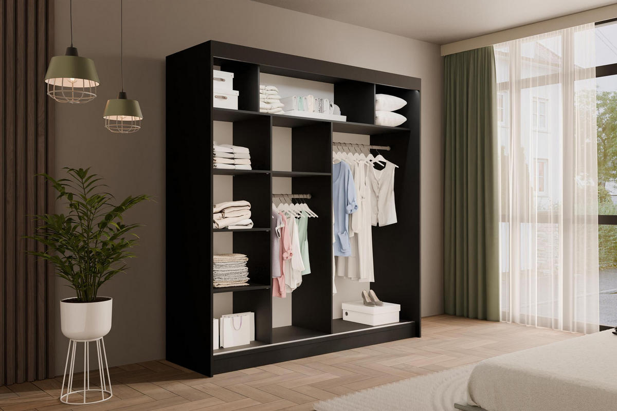 KLEIDERSCHRANK mit LED, Lamel-Schiebetüren VILANv2 - 200 cm Schwarz + Lamelle Eiche Wotan - Eiche Wotan/Schwarz, Holzwerkstoff (200/215/61cm) - ALTDECOR