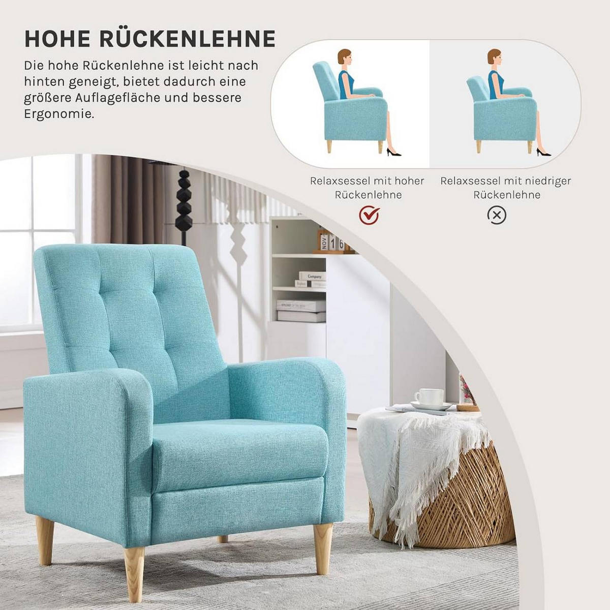 RELAXSESSEL mit Massivholzbeinen, Leinen, Blau - Blau, Holz/Holzwerkstoff (68/90.5/76cm) - Woltu