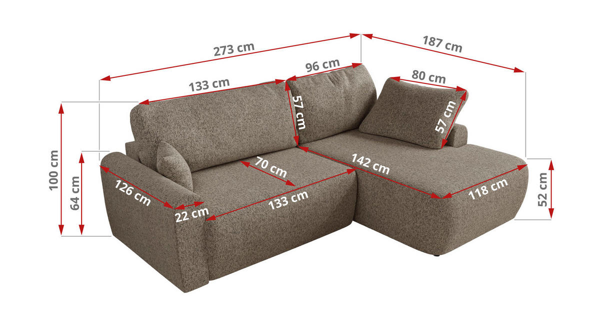 ECKSCHLAFSOFA CUBO L Dunkelbeige Struktur - links - Beige/Schwarz, Kunststoff/Textil (273/187cm) - MKS