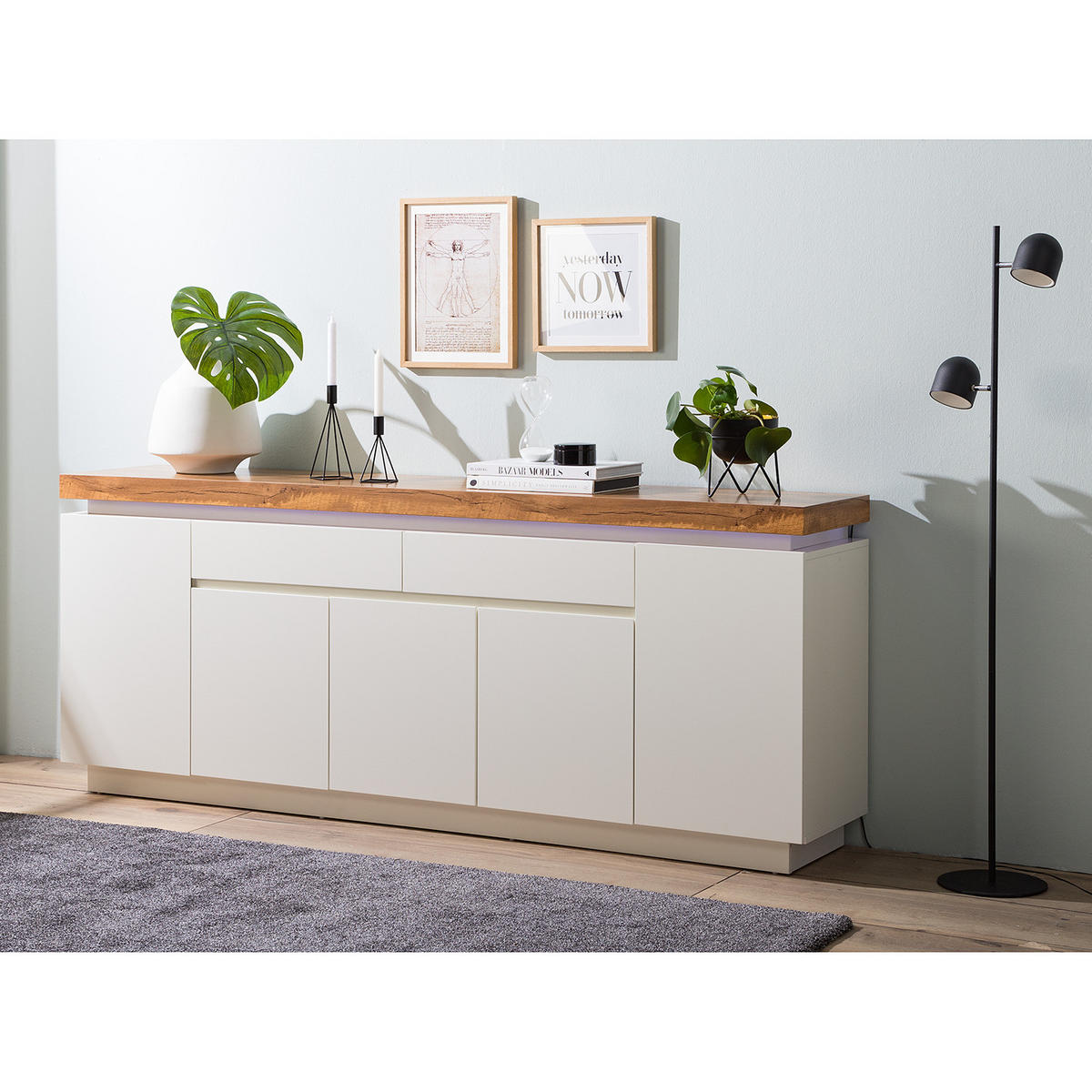 SIDEBOARD - inkl. Beleuchtung - Eichefarben/Weiß, Holzwerkstoff (200/80/40cm) - home24