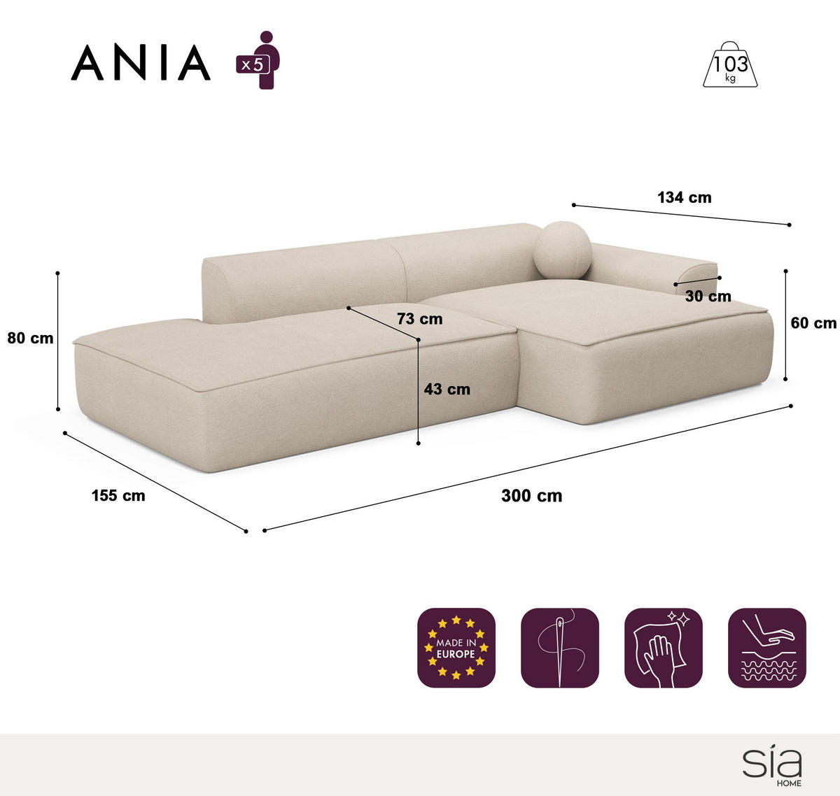 ECKSOFA RECHTS Gerippter Samt Creme 300cm - Creme, Textil (300/155cm) - Sia Home