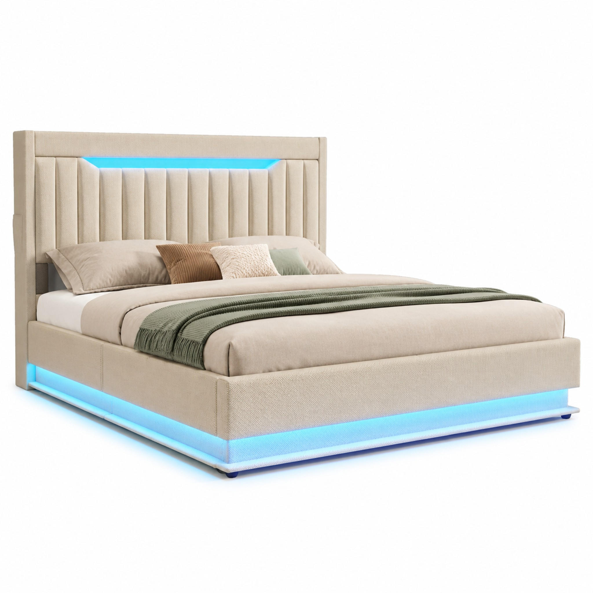 POLSTERBETT mit LED und Stauraum 180x200 cm Leinen Beige - Beige, Metall (180/200cm) - Meubliv
