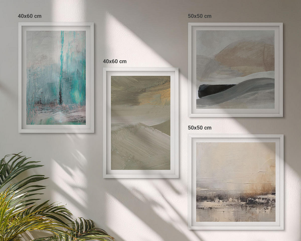 WANDBILDER 4er-Set - 50x50 cm & 40x60 cm Weißer Rahmen - Gemalte abstrakte Dekorationen - Weiß, Kunststoff (50/50cm) - ArtPrintCave
