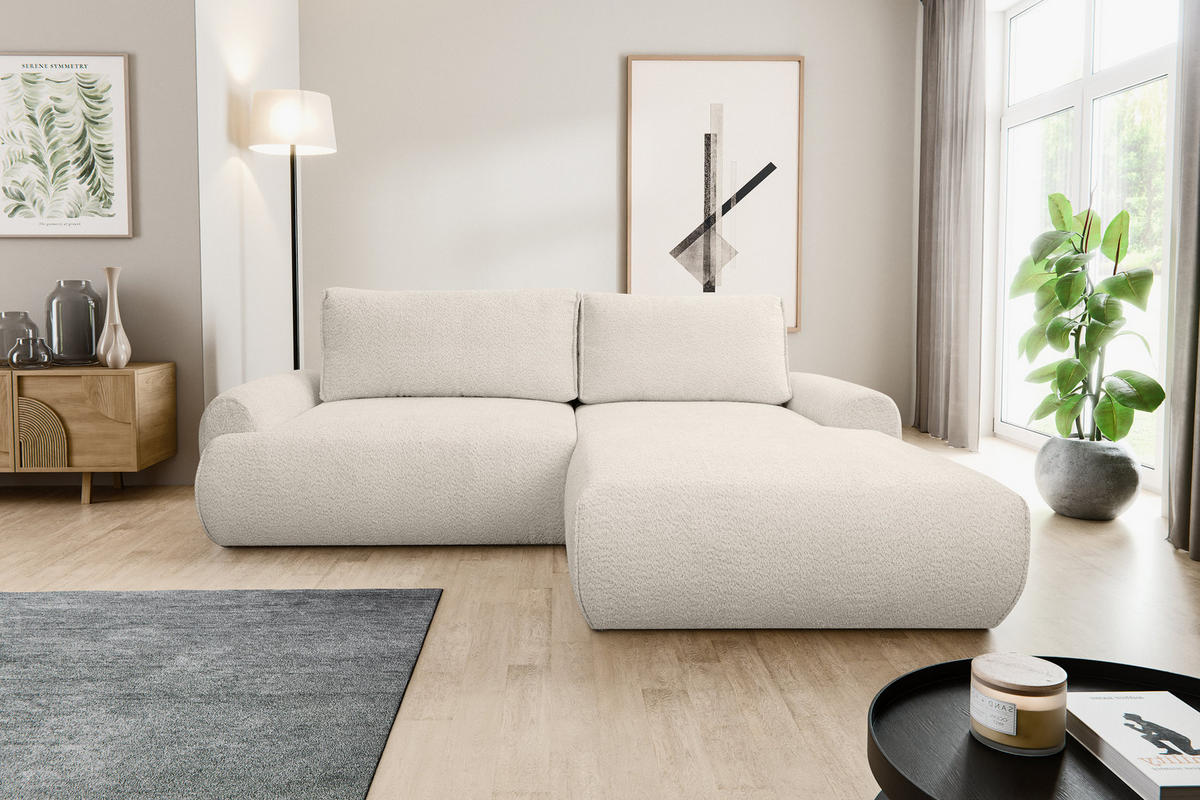 ECKSOFA Moon in L-Form mit Schlaffunktion und Bettkasten, Farbe: Beige, Bouclé-Stoff, Ottomane Rechts - Beige, Textil (260/136cm) - VENASI MÖBEL