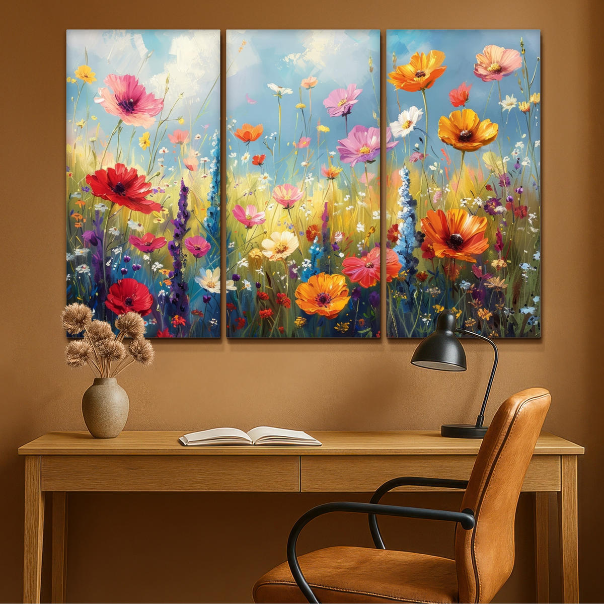 LEINWANDBILD 3er Set Blumen - Frühling - Farbenfroh - Sommerlich 120x80 cm - Orange, Textil (120/80cm) - MuchoWow