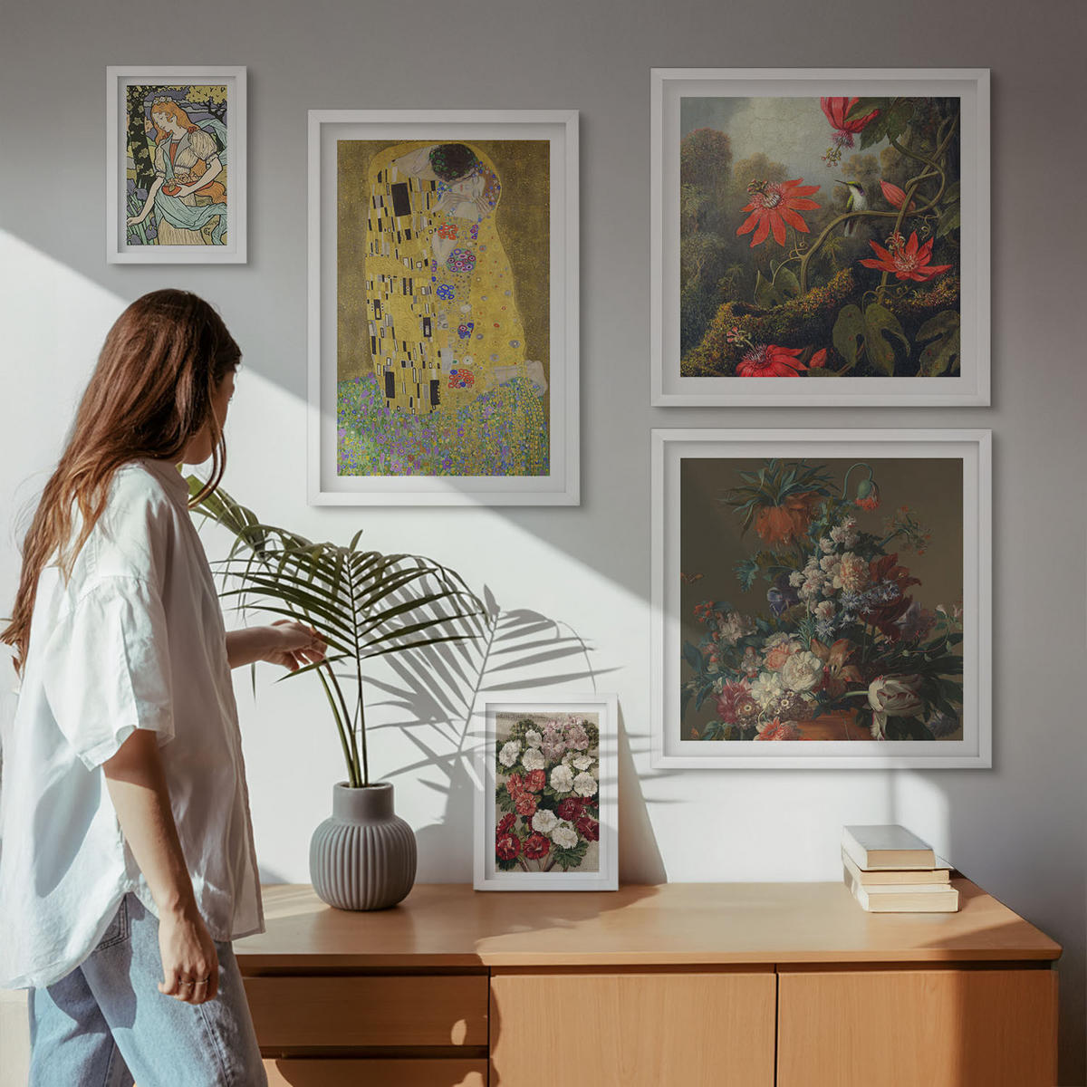 BILDER SET 5er Set - 50x50 cm & 20x30 cm & 40x60 cm Weißer Rahmen - Blumen des Baumes (Gemälde von Klimt) - Weiß, Kunststoff (40/60cm) - TULUP