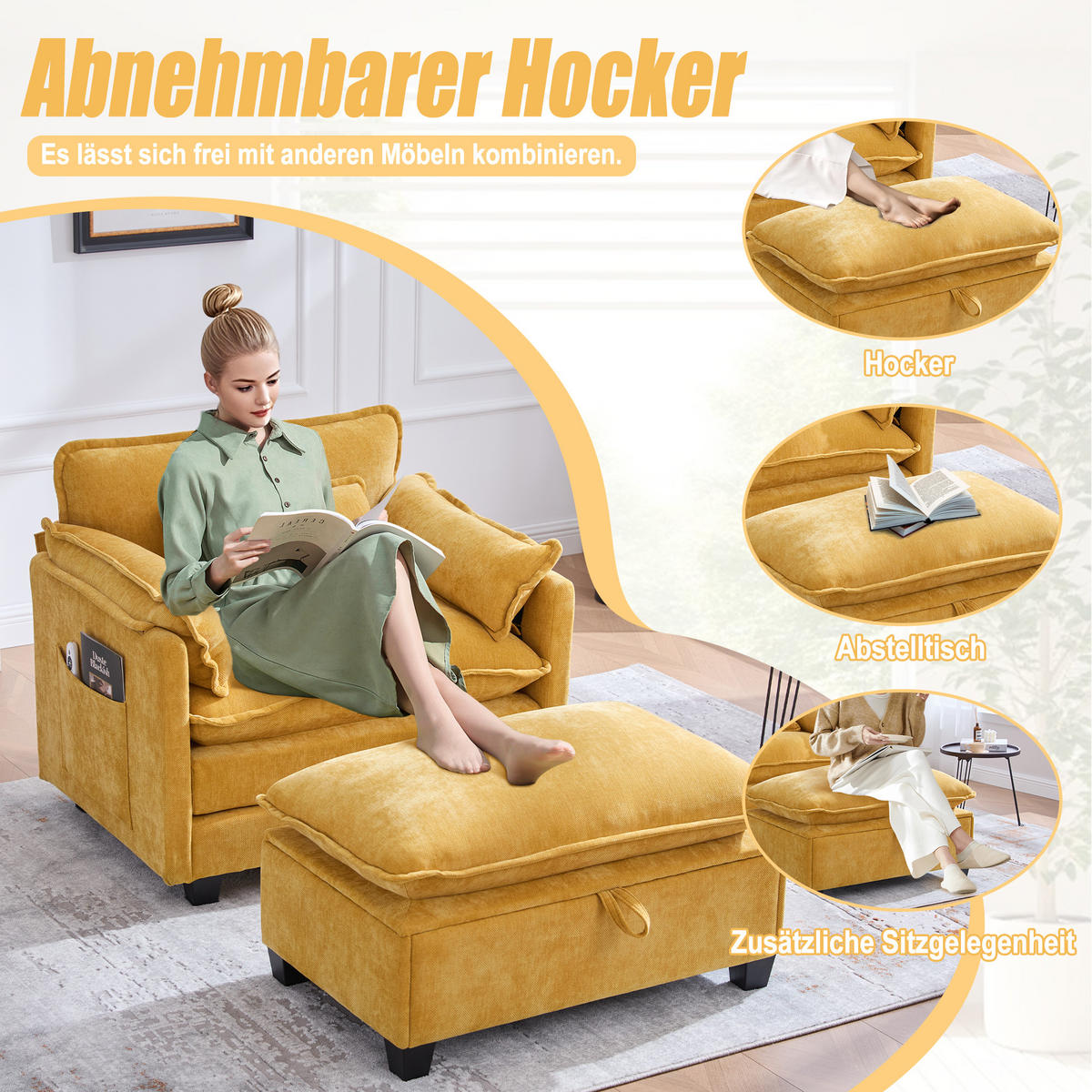 LOUNGESESSEL mit Hocker und Stauraum in Samt, 103 / 85 / 91 cm - Gelb, Textil (85/91/103cm) - PARAFTA HOME