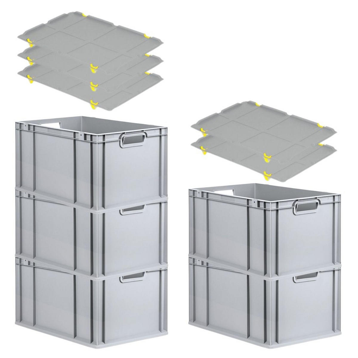 EUROBOX 5x Nextgen Economy Mit Auflagedeckel Grau/Gelb Griffe Offen 65 Liter - Gelb, Kunststoff (40/32/60cm) - PROREGAL