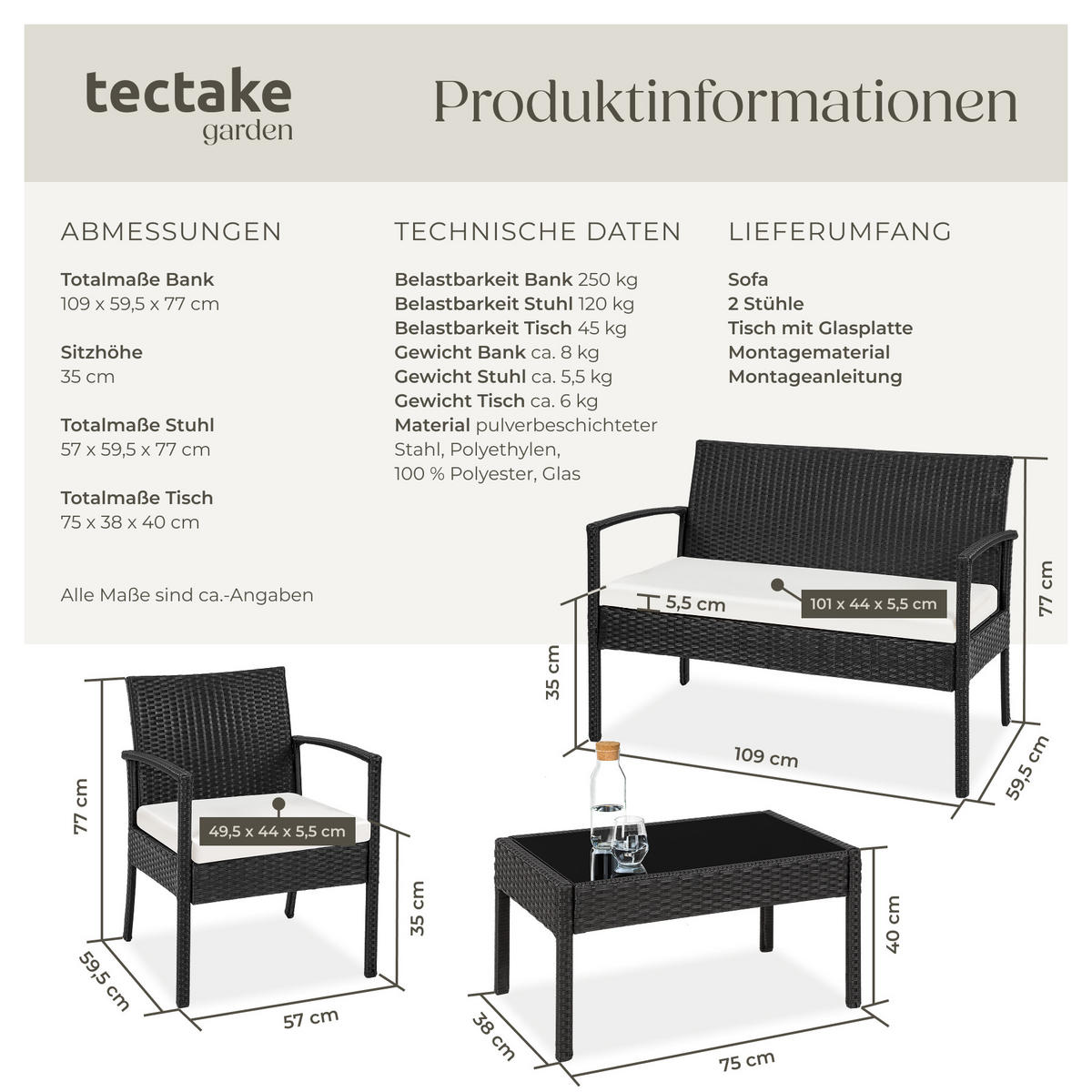 RATTAN SITZGRUPPE Sparta,schlanke Gestelle,schwarz - Schwarz, Kunststoff - tectake