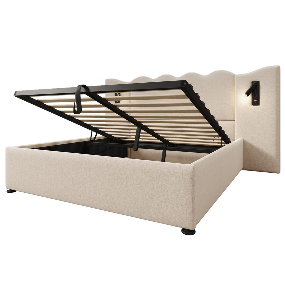 POLSTERBETT 160x200cm Doppelbett Leselampe USB-C Stauraum Beige Leinen - Beige, Holz - FLIEKS