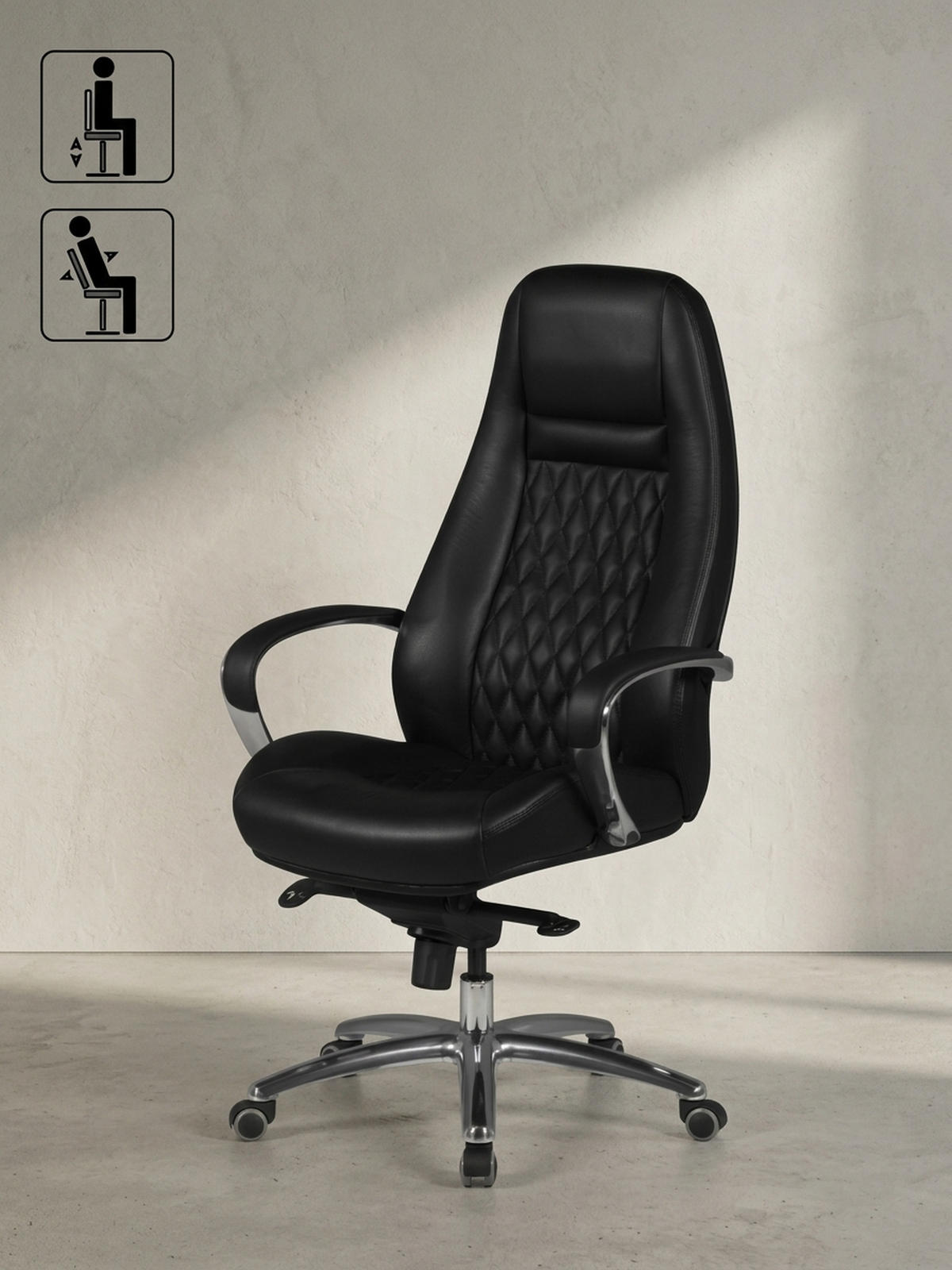 CHEFSESSEL Echtleder mit Aluminiumfußkreuz und ergonomischer Sitzform MADRID, Schwarz 70x68x130 cm - Silberfarben/Schwarz, Leder/Metall (70/130/68cm) - KADIMA DESIGN