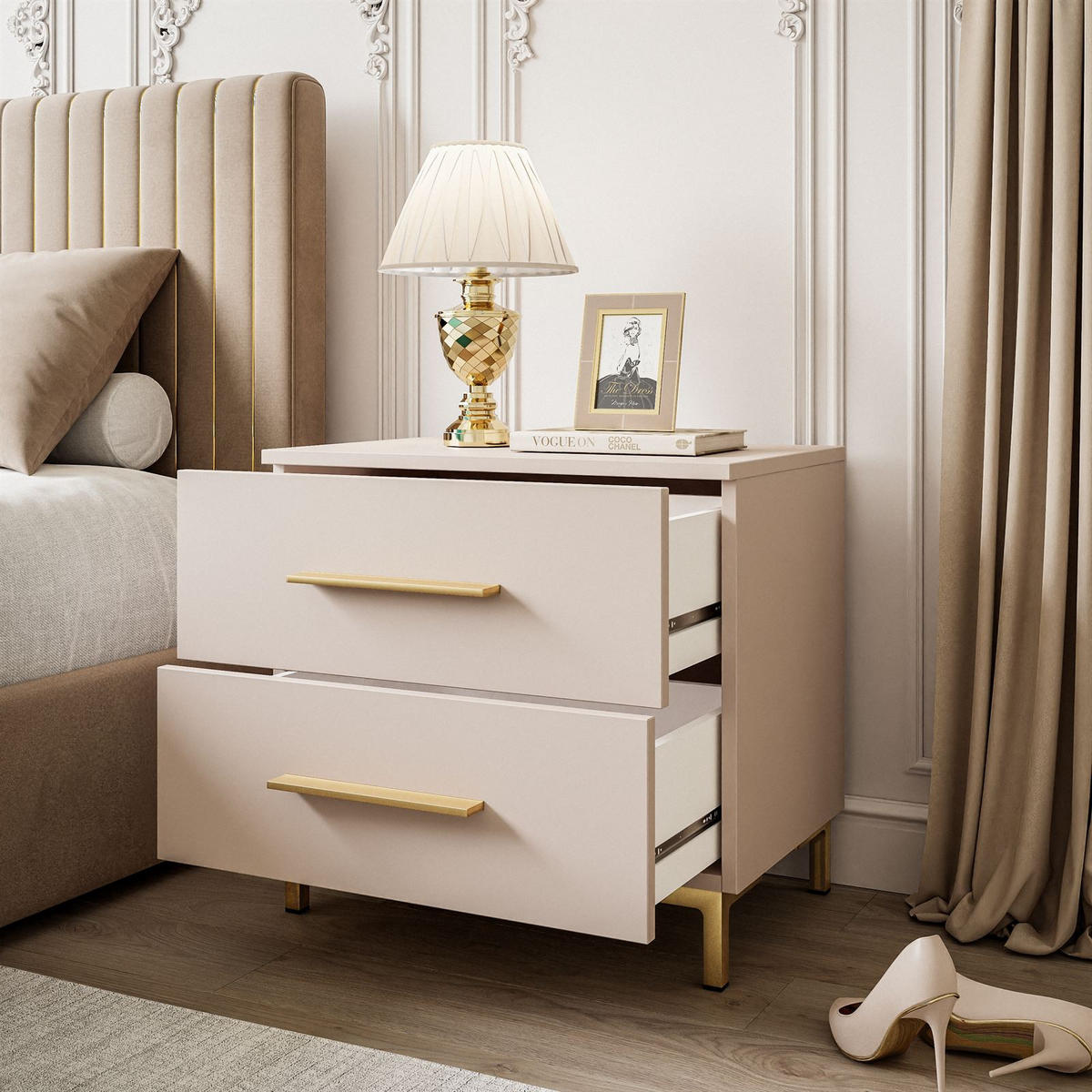 NACHTTISCH LINA KASCHMIR mit LED-Beleuchtung, goldenen Beinen und Griffen - Kaschmir, Holzwerkstoff (55/52/37cm) - Lookway