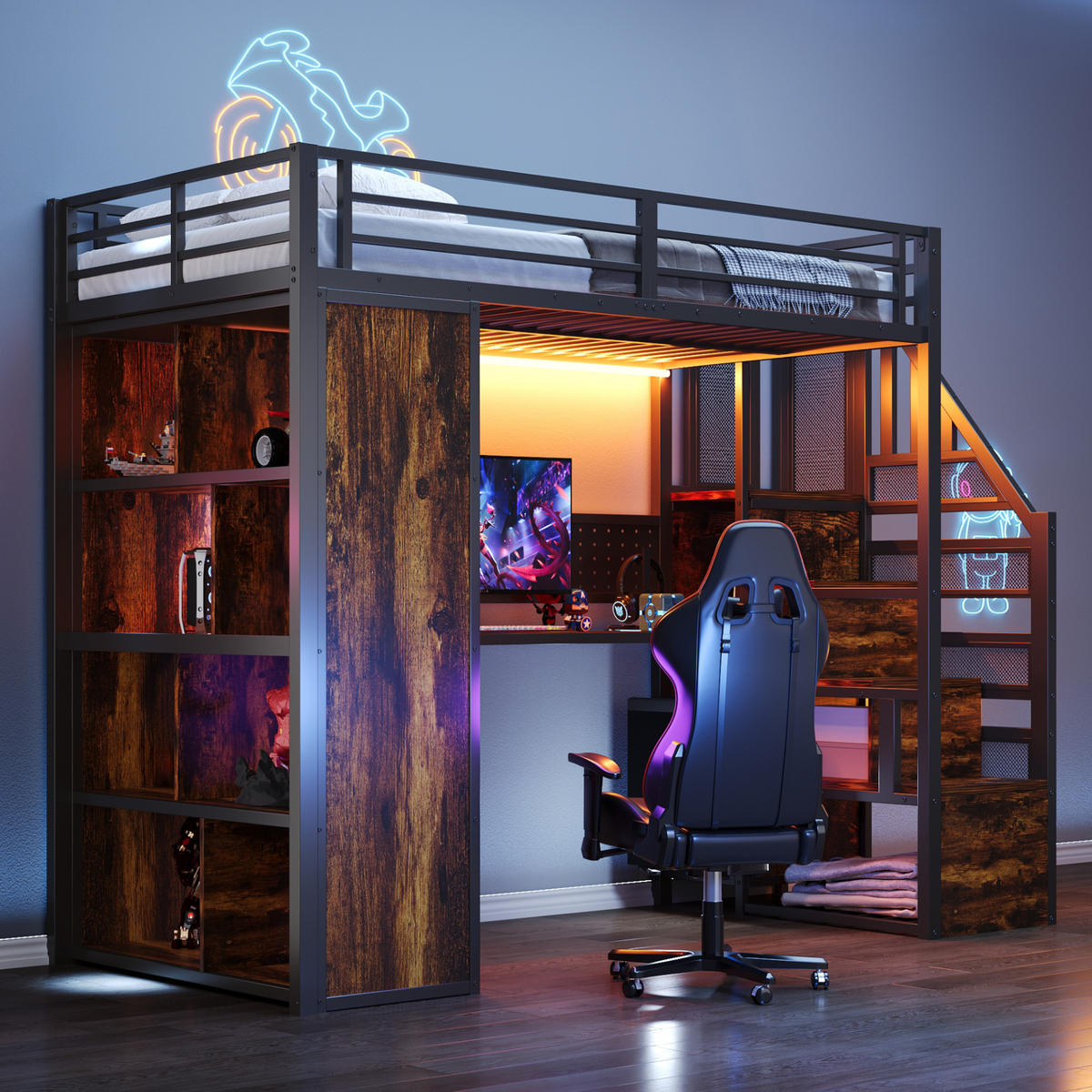 HOCHBETT 90/200 cm in Schwarz mit Stauraumtreppe, Schreibtisch und LED aus Metall - Schwarz, Holzwerkstoff/Metall (90/200cm) - CHICFURN