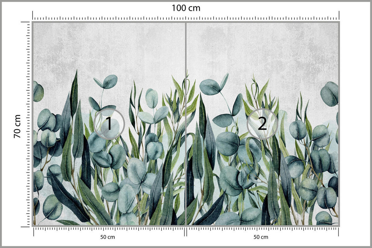 FOTOTAPETE für Schlafzimmer Beton Blätter Aquarell Natur Grün Eukalyptusblätter 100x70 - Grau/Grün, Papier (100/70cm) - Muralo