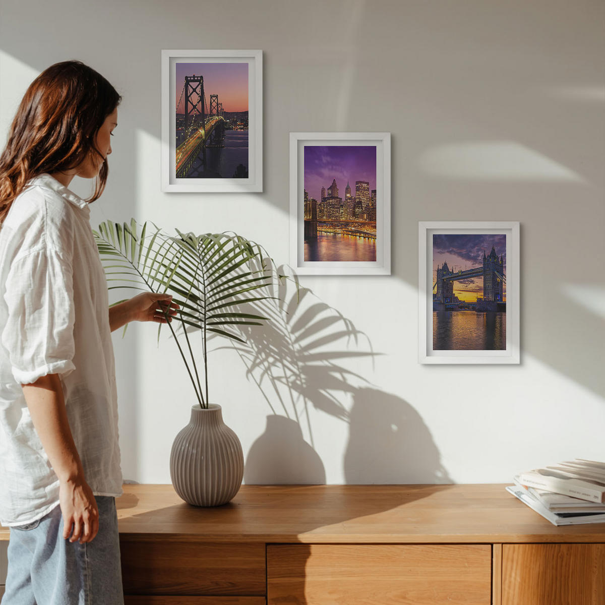 BILDER SET 3er Set - 20x30 cm Weißer Rahmen - Brücken, Sonne, Stadtblick - Weiß, Kunststoff (20/30cm) - TULUP