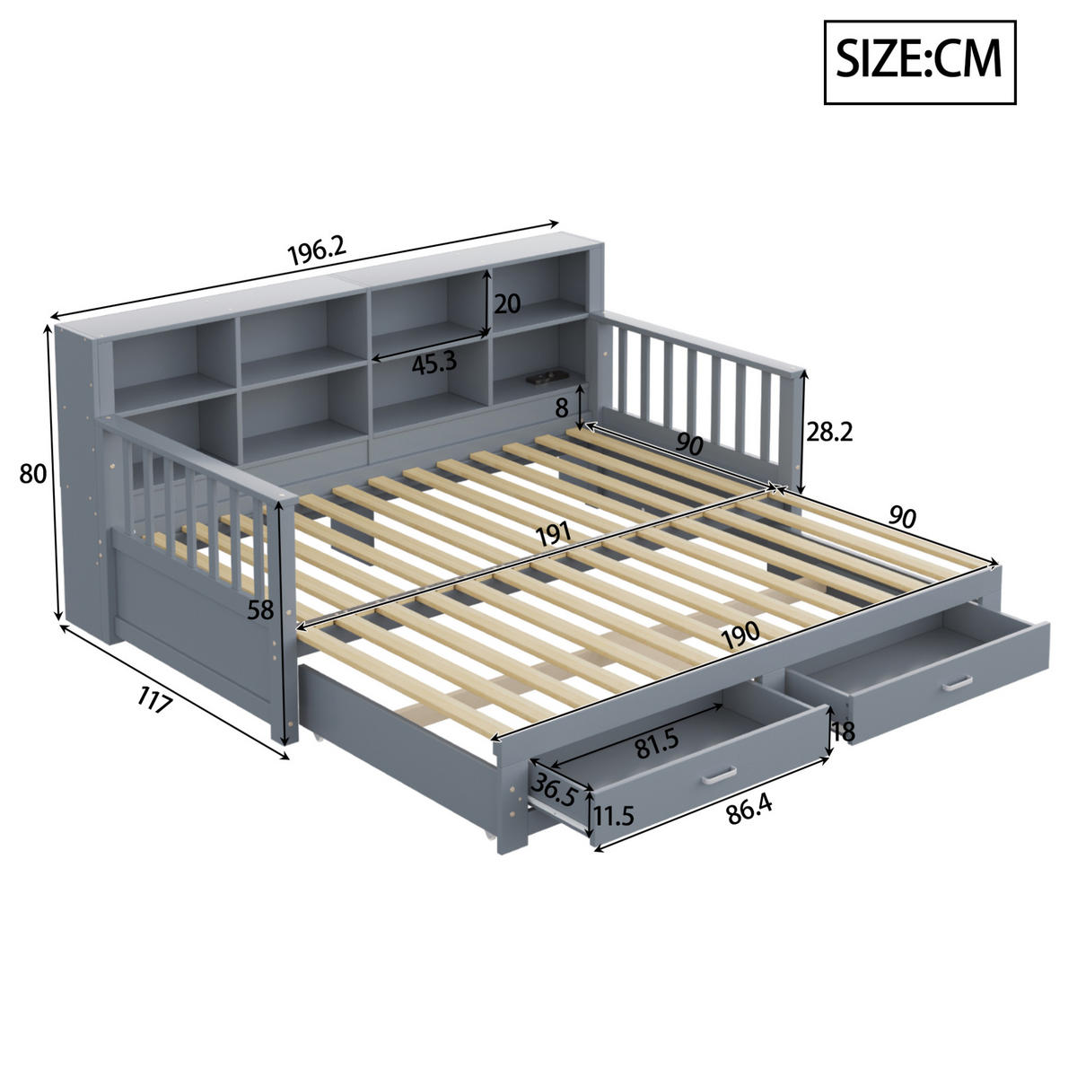 BETT aus Kiefer 90x190/180x190 cm Grau mit Ausziehfunktion, Stauraum, Steckdose und 2 Schubladen - Grau, Holzwerkstoff (90/190cm) - Modfu