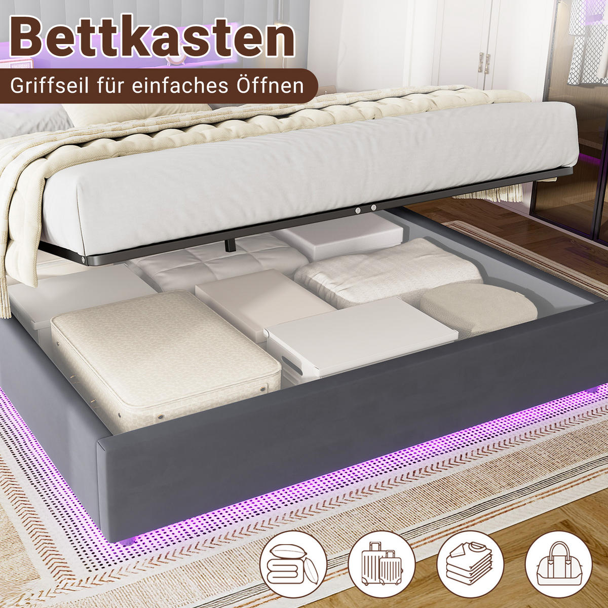 POLSTERBETT 233/200/110 cm aus Samt mit hydraulischem Stauraum, LED & USB‑Anschlüssen, Dunkelgrau - Dunkelgrau, Textil (180/200cm) - OKMYHOME