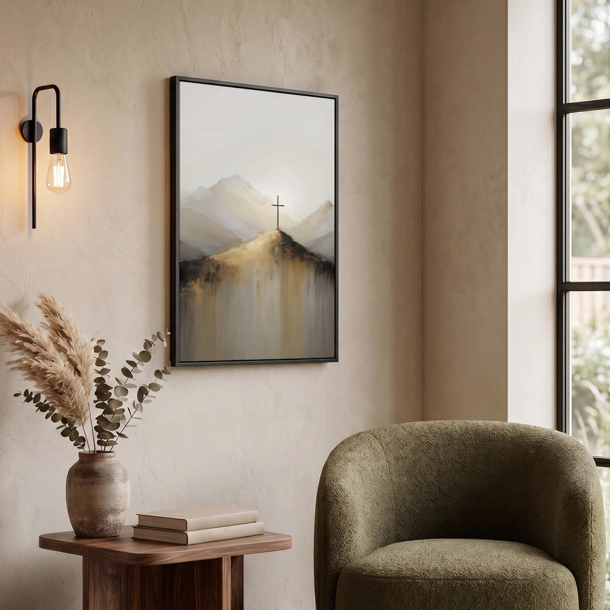 LEINWAND Bilder mit Rahmen - Hügel - Abstrakt - Kreuz - Christentum - 60x80 - Beige, Textil (60/80cm) - MuchoWow