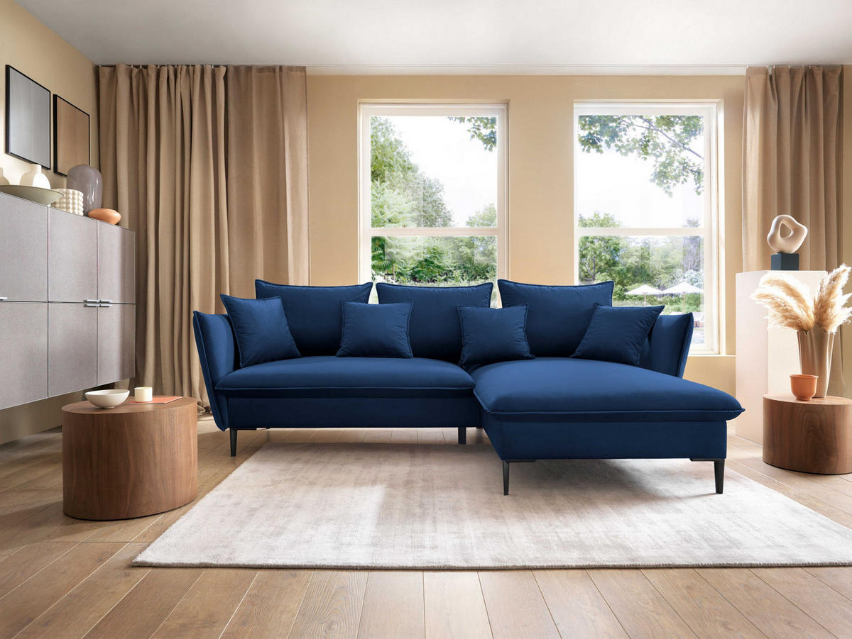 ECKSOFA SOLE Blau Plüsch-Stoff mit Schlaffunktion - Blau, Holz (258/167cm) - MASSENO